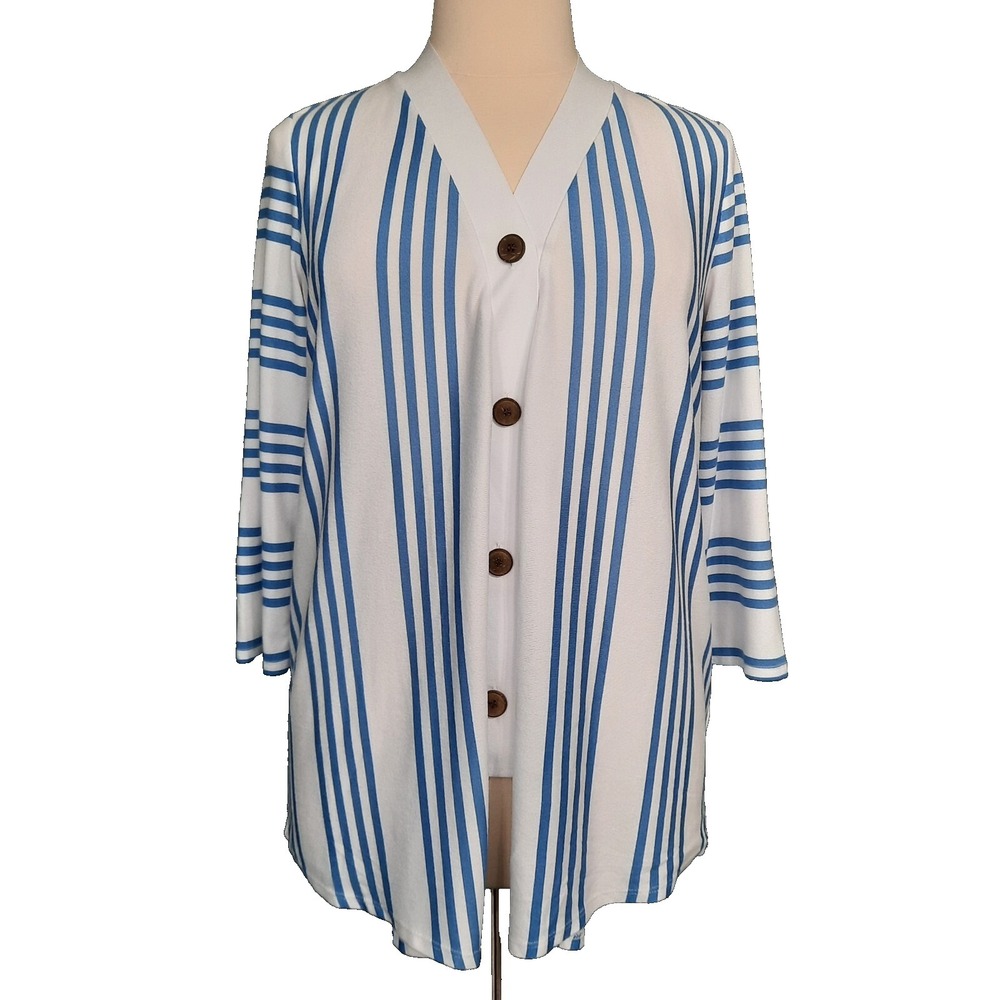 Susan Graver Draped Front Cardigan‎ White Blue Stripes Size Large Coastal Beachy
